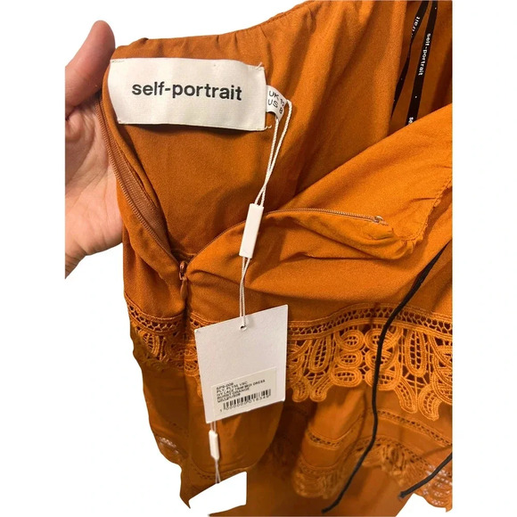 Self-Portrait Ivy Lace Trim Open-Back Midi Dress Burnt Orange  Size 8 - Picture 11 of 11